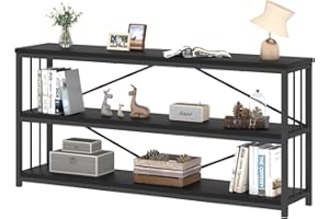 IBF 63" Black Low Horizontal Bookcase, Modern Long Wood Metal 3 Tier Book Shelf, Farmhouse Vintage Big Open Sturdy Bookshelf,