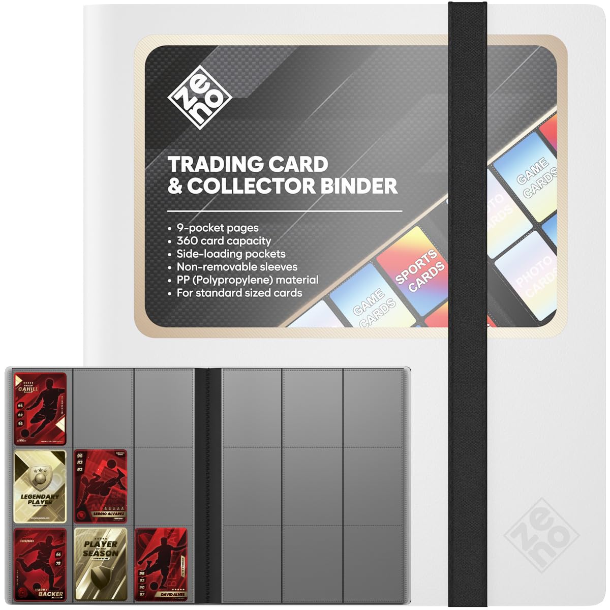Trading Card Binder 9 Pocket, Card Collection Binder with 360 Capacity, Side Loading, Nonremovable Sleeves, Durable PP (Polypropylene) Material for Standard Size Trading Cards TCG Sports Cards - White