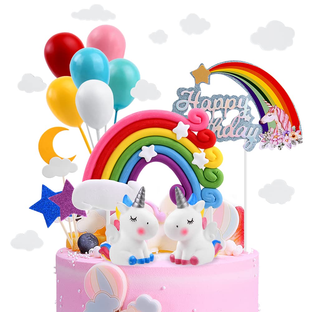 OSDUE 21PCS Unicorn Cake Toppers, Rainbow Party Decorations, Kit Cloud Rainbow Balloon Happy Birthday Banner Cake Decors, for Kids Boy Girl, Birthday Shower Party Supplies