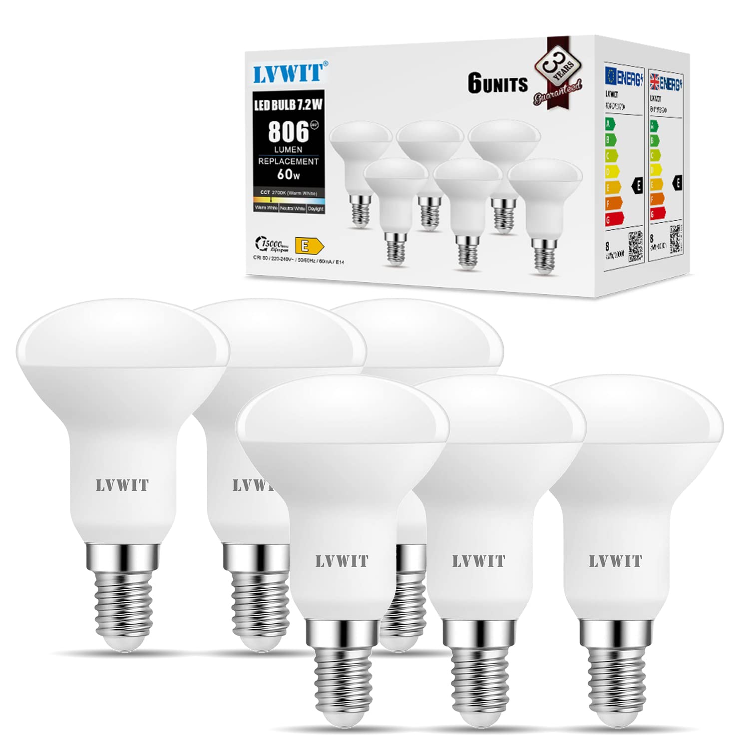 LVWIT E14 Led Light Bulb, 7.2W Spotlight Bulbs,Led Light Bulbs Screw Fitting,60W Incandescent,806LM,2700K Warm White E14 Light Bulbs,Reflector Small Screw in Light Bulb,Non-dimmable (6PCS)