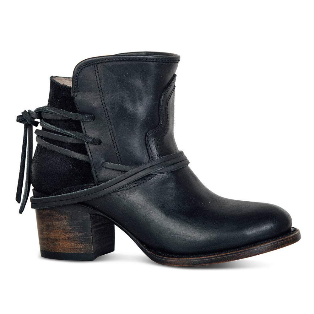 Women’s Vintage Ankle Booties Strappy Lace-Up Chunky Stacked Heel Distressed Leather Color Block Western Boot - Image 3