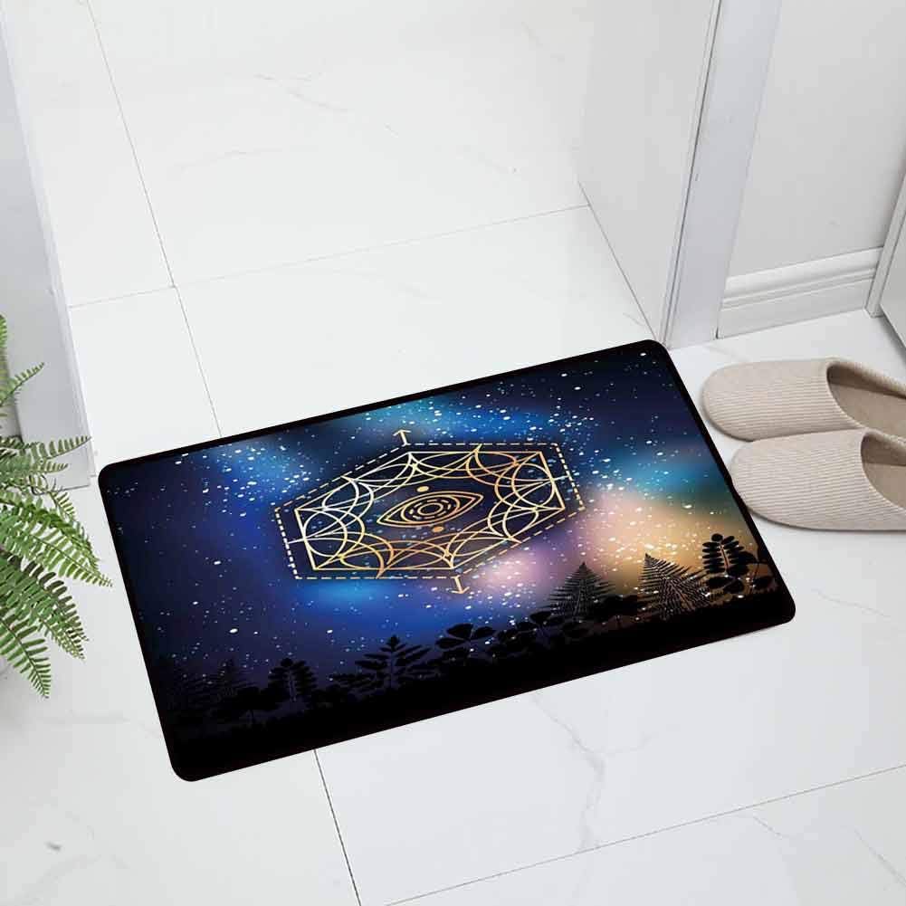 Sacred Geometry Indoor Outdoor Non Slip Door Mat All Weather Door Mats Hexagon Form with The Eye Icon in The Centre on Starry Night Mystic Durable, 35 x 23.5 inch Blue