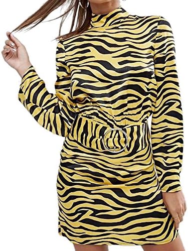 Heartgown Women's Tiger Print Halter Dress Fall 2018 New Long Sleeved Skirt Backing Girl Dresses M