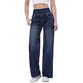 Chasehot Pull on Wide Leg Jeans for Women, High Waisted Stretchy Baggy Trendy Tummy Control Straight Leg Jeans Denim Pants
