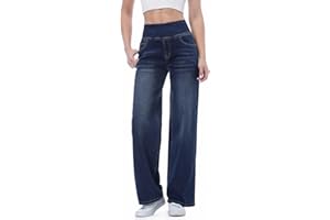 Chasehot Pull on Wide Leg Jeans for Women, High Waisted Stretchy Baggy Trendy Tummy Control Straight Leg Jeans Denim Pants