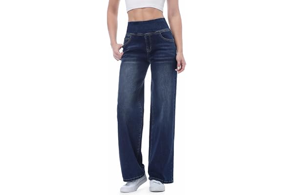 Chasehot Pull on Wide Leg Jeans for Women, High Waisted Stretchy Baggy Trendy Tummy Control Straight Leg Jeans Denim Pants