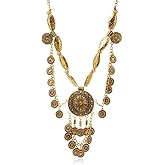 Vintage Engraved Coin Tassel Statement Collar Necklace for Women Ancient Gold Carving Big Round Layered Bohemia Long Chain Choker Gypsy Ethnic Boho Bib Exaggerate Pendant Personalized Retro Jewelry Gifts