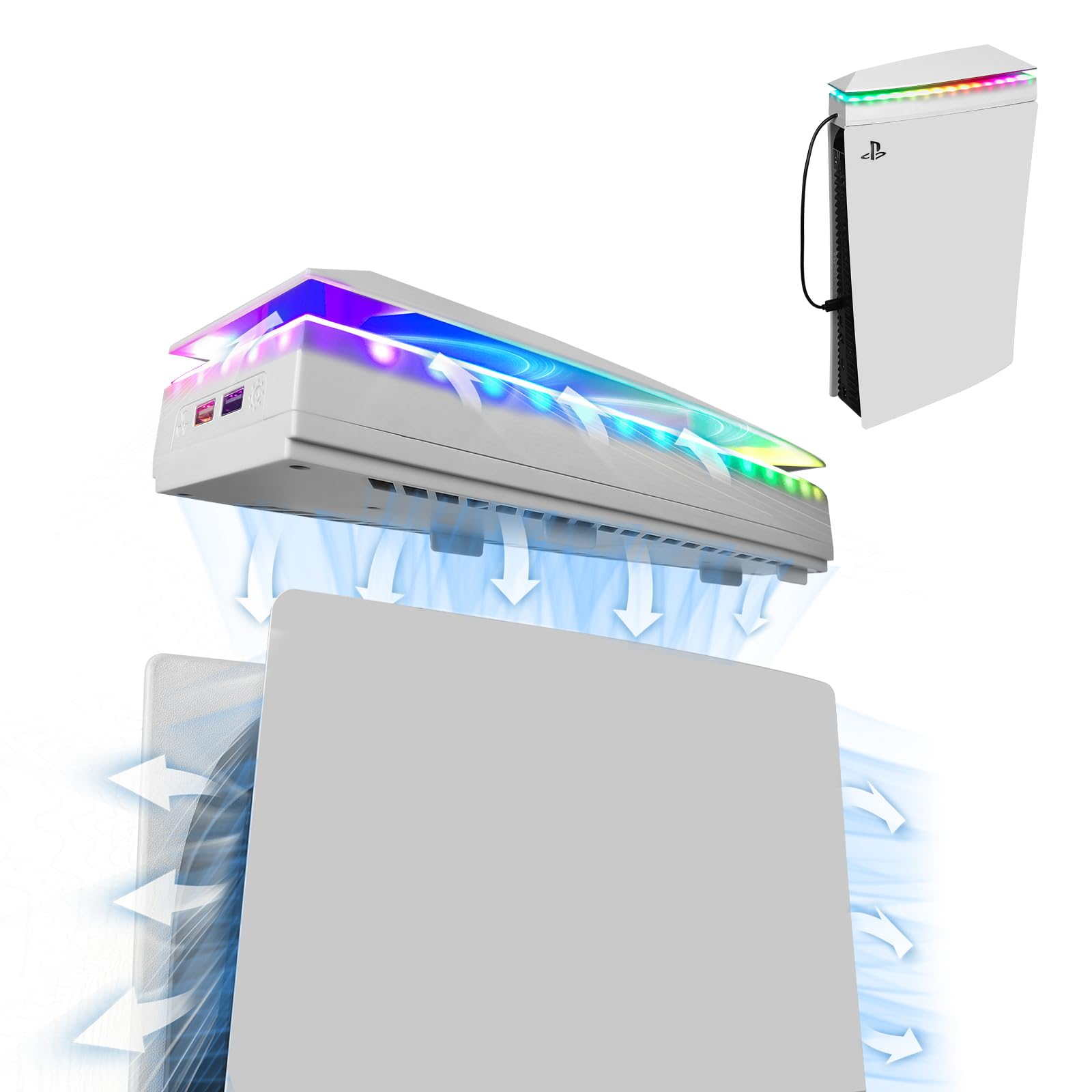 Raryars Console Cooling Fan with Dust Cover Colorful LED Light for PS5 Console Disc Edition & Digital Edition Silent Absorb Fan Cooler with 2 USB Port PlayStation 5 Cooling System