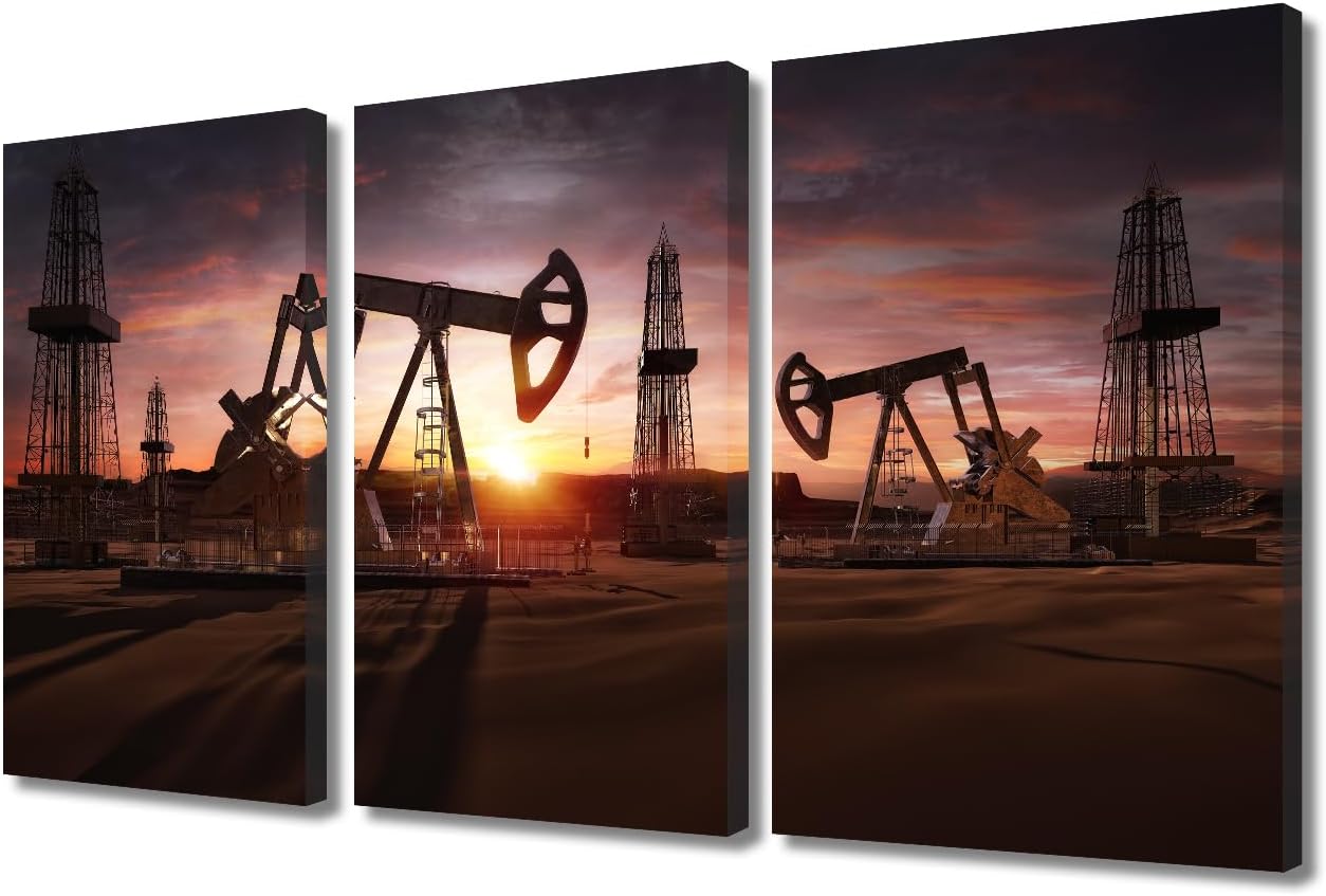 Paintings - Wall Art for Living Room Pump Jacks Drill Rigs Pictures for Bedroom Crude Oil Industry Wall Paintings Oil Pumps Drilling Derricks Home Decorations Artwork 3 Panel Framed Ready to Hang (12x24 inch x3)