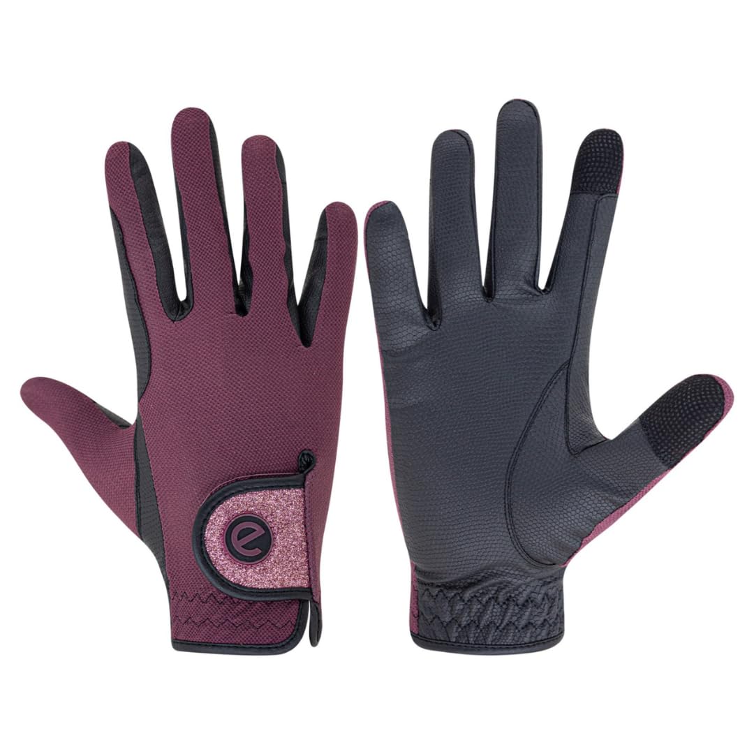 eGlove - eQUEST GripPro X-LITE Horse Riding Gloves - Lightweight, Breathable, Grippy Non-Slip Material - Comfort Mesh Back - Touchscreen Gloves (MERLOT - GLITTER CUFF, XXX-SMALL)