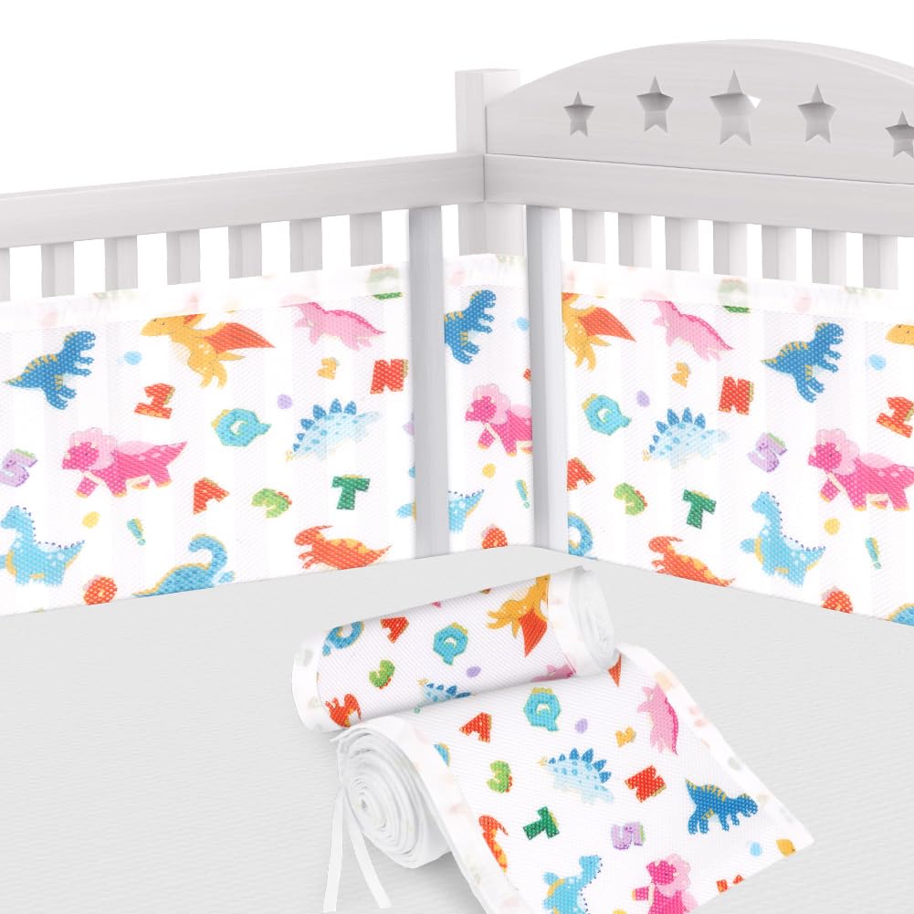 Aolso Cot Bumper, 2Pcs Breathable Mesh Cot Liner, Crib Rail Cover Baby Crib Bumper, Baby Boys Girls Nursery Breathable Crib Bed Liner Bumper (Dinosaur