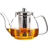 PARACITY Glass Teapot Stovetop 34 OZ, Borosilicate Clear Tea Kettle with Removable 18/8 Stainless Steel Infuser, Teapot Blooming and Loose Leaf Tea Maker Tea Brewer for Camping, Travel