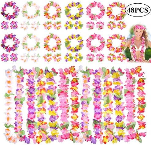 48Pcs Hawaiian Leis Luau Party Decorations, Cooyeah Tropical Hawaiian Dance Garland Floral Headband Bulk Flower Necklace for Beach Theme Party Favor Wedding Birthday