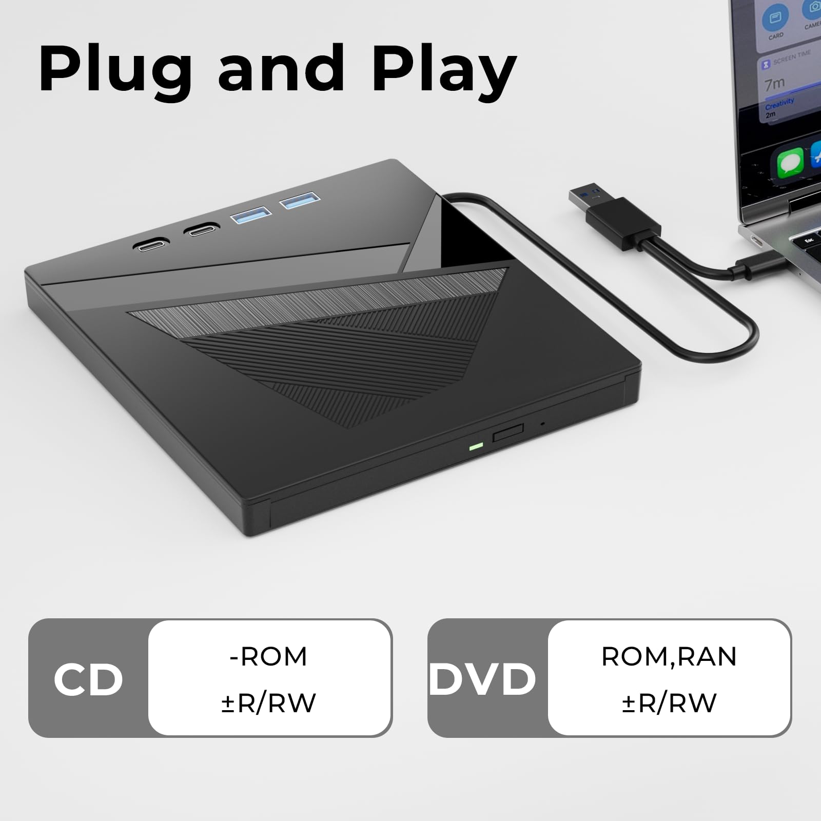 External DVD Drive, 7-in-1 External CD/DVD Drive for Laptop, USB DVD Burner with SD/TF Port, USB 3.0&Type-C CD ROM External Drive for Laptop Desktop PC Windows XP/7/8/10 Linux MacOS