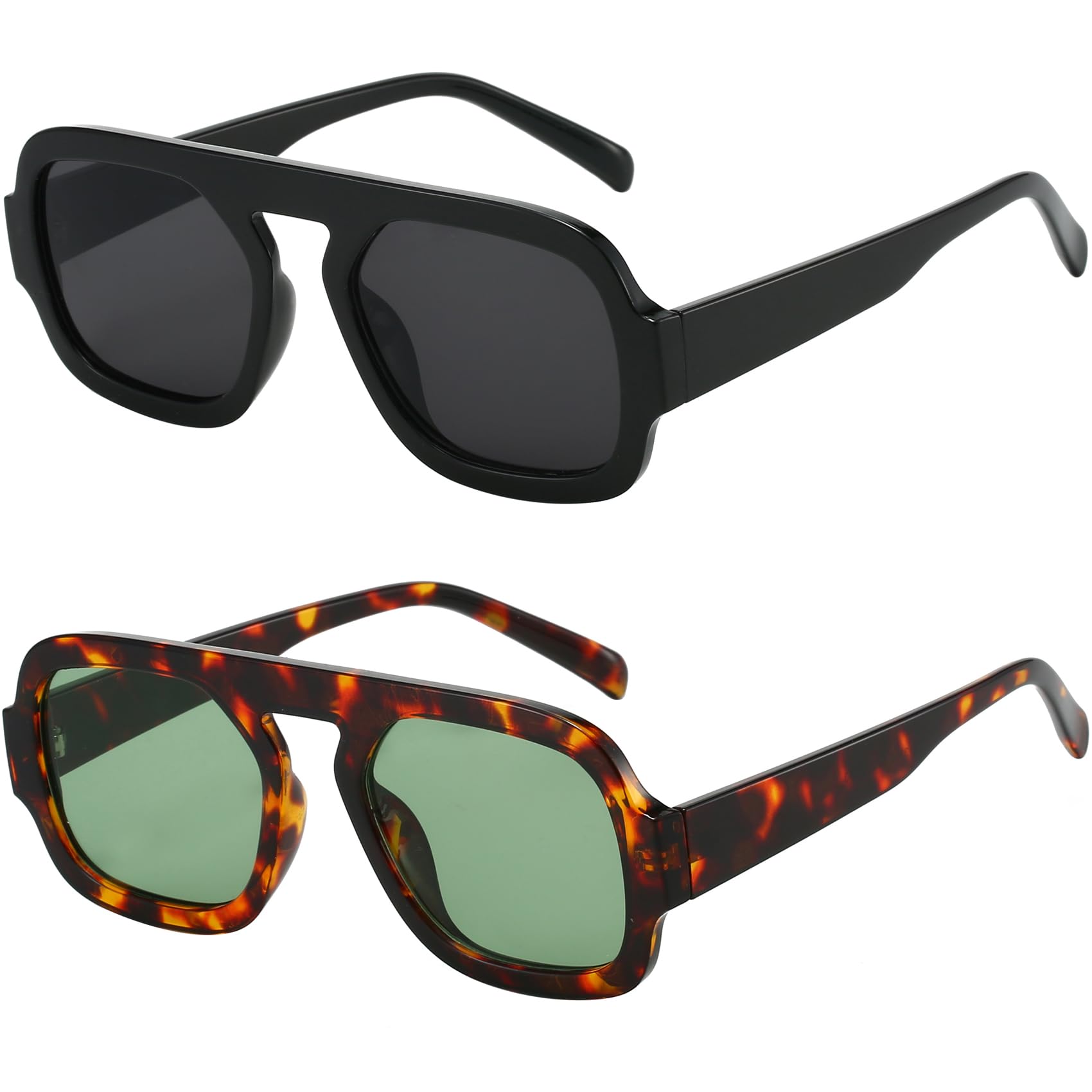 Photo 1 of MUNSADE Trendy Square Aviator Sunglasses for Women Flat Top Designer Stylish Frame Sun Glasses Vintage Shades ((2 Pack) Black/Grey+Tortoise/Green)
