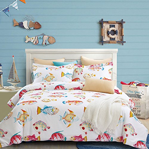 Fishes Duvet Cover Set, 100% Cotton Bedding, Tropical Ocean Coastal Fishes Pattern Printed on White, with Zipper Closure (3pcs, Queen Size)