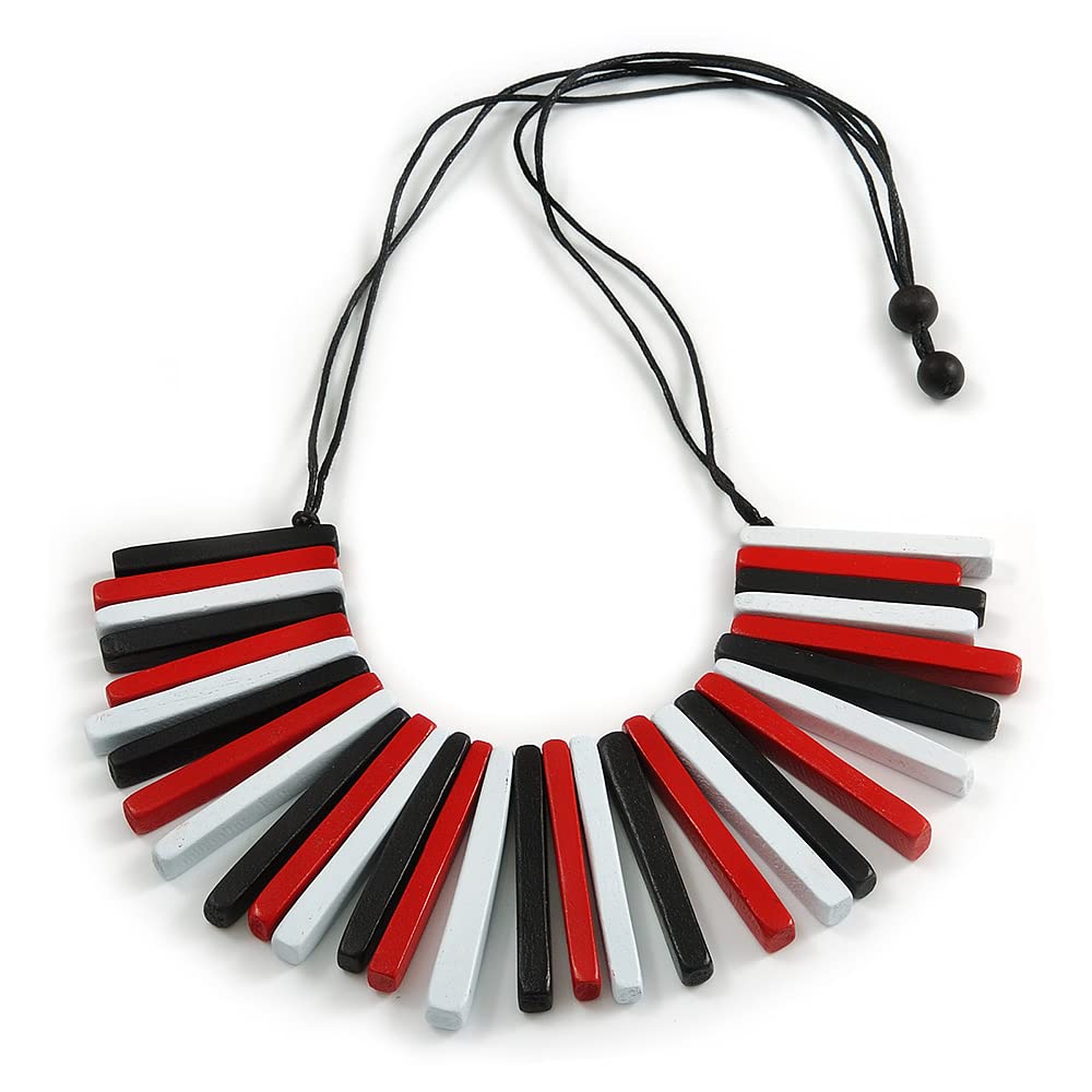 Avalaya Statement Black/White/Red Wood Bead Fringe Necklace with Black Cotton Cords/ 74cm L