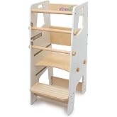 Sturdy Wooden Toddler Tower, Holds 220 lb, Adjustable Height, Safety Rails | ASTM Certified, Solid Birch - 2-in-1 Montessori Toddler Tower, Converts to High Chair