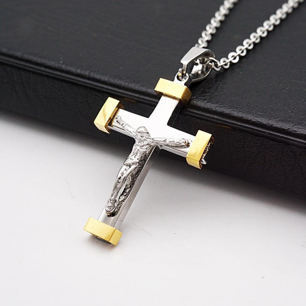 Stainless Steel Crucifix Jesus Cross Pendant Christ Priest Necklace Silver