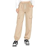 Haloumoning Girls Cargo Pants Kids Drawstring Elastic Waist Casual Jogger Pants with Pockets 5-14 Years