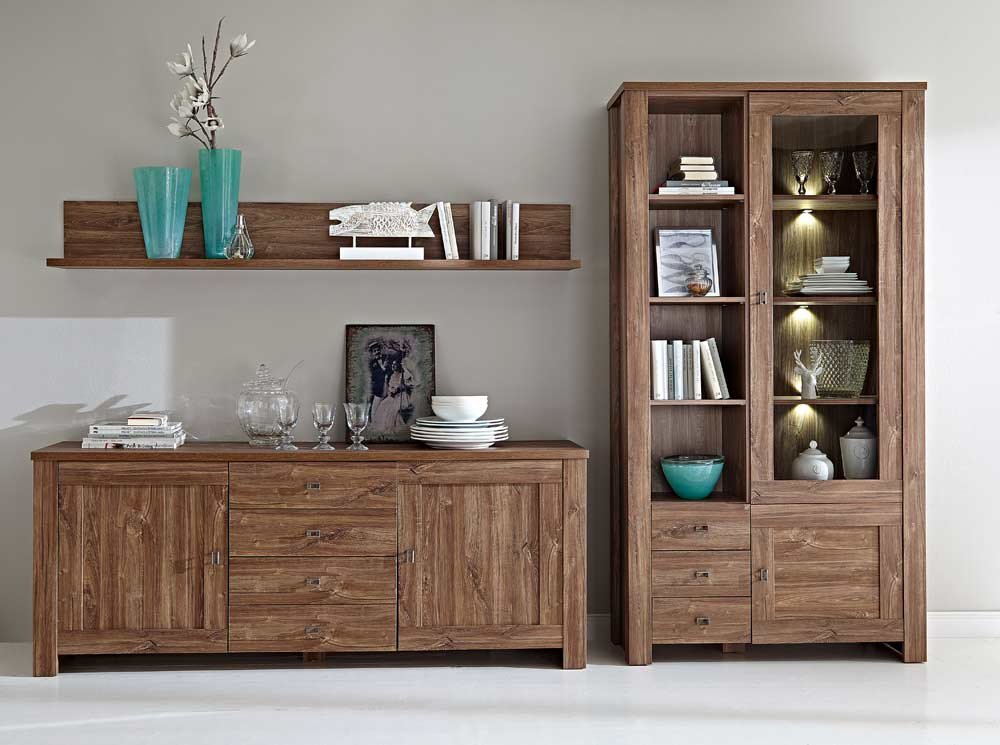 3-tlg. Anbauwand in Akazie dunkel Nachbildung inklusive LED-Beleuchtung