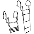 Marinebaby 4 Steps Pontoon Boat Ladder, Stainless Steel Folding Telescoping Rear Entry Inboard Ladder with Pedal Hand Railing