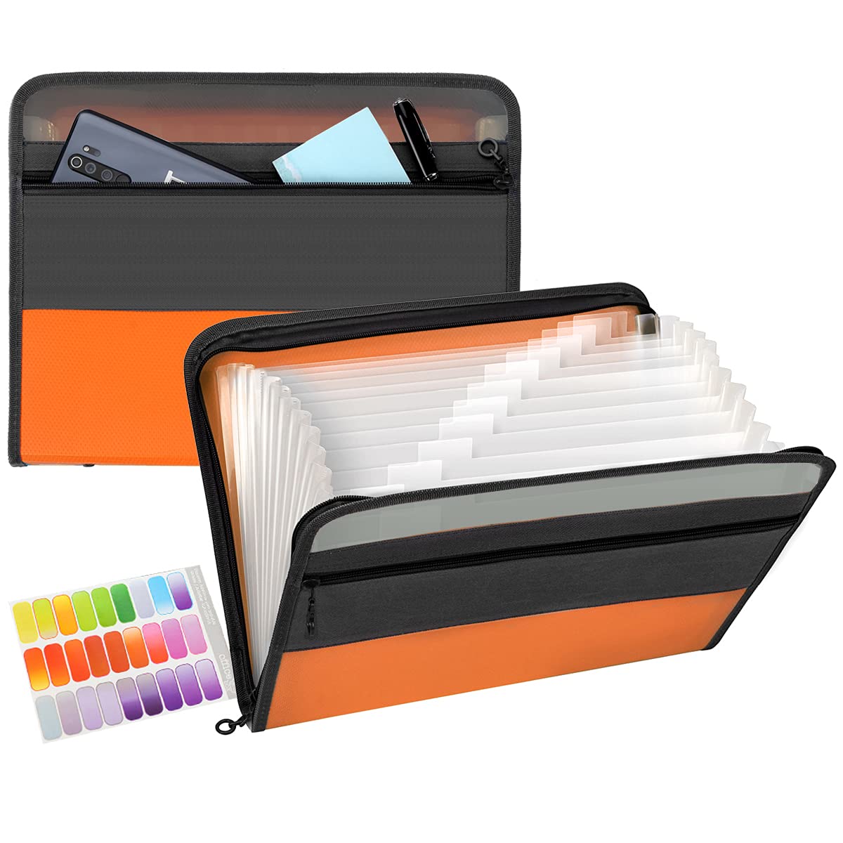 TRANBO 13 Pockets A4 Expanding File Folder with Zipper Closure, Plastic Document Wallet Organizer with Handy Front Pocket - Orange