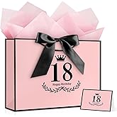 JMANNI 18th Birthday Gift Bag, Pink with Black Satin Bow & Crown Design, Medium Happy 18th Birthday Present Bag for Party Favors, Size 12.60"x8.66"x4.33"