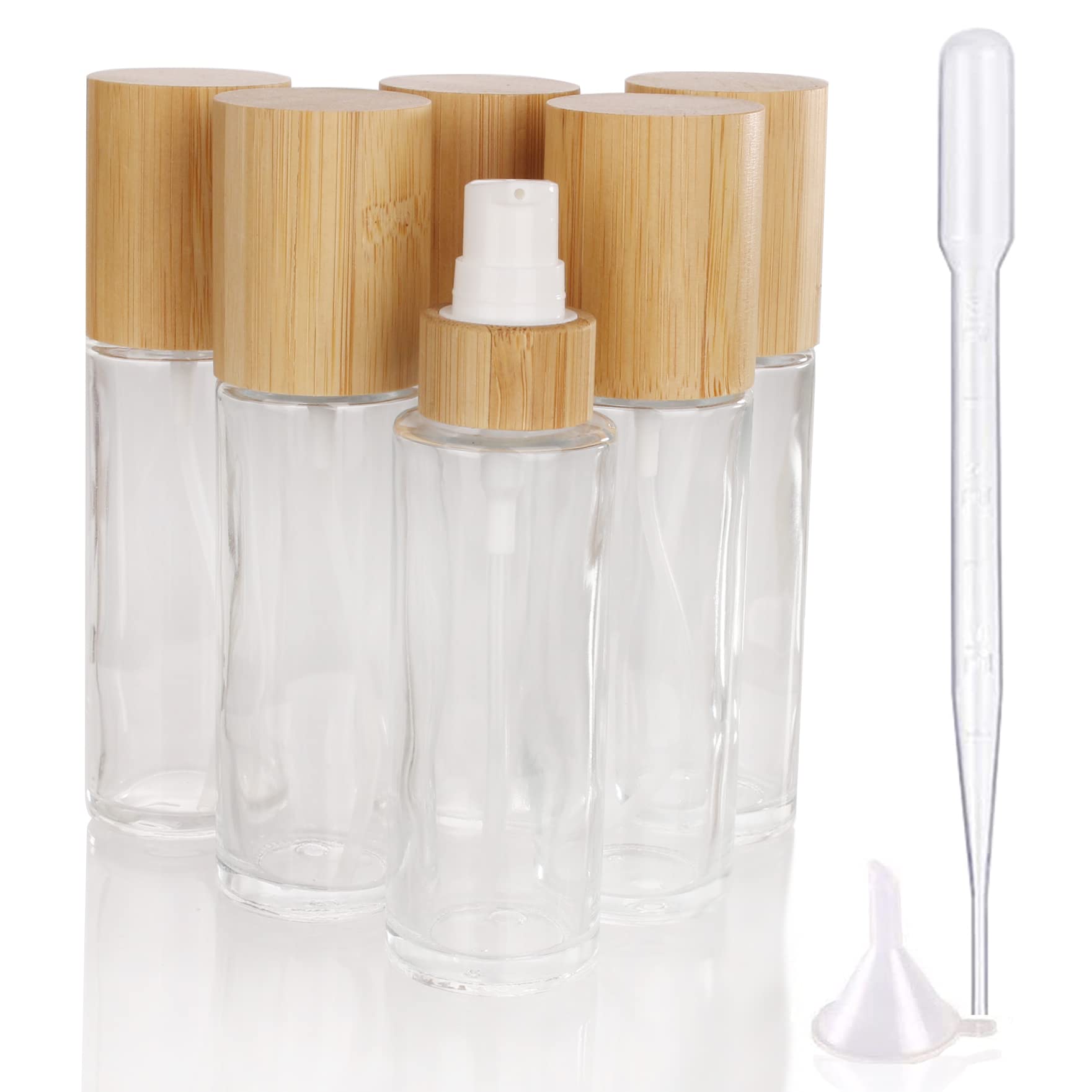 COSIDEA 6 pcs Empty 2oz / 60ml bamboo lids clear glass bottle with lotion pump dispenser, refillable emulsion cosmetic cream bottles, toiletries refill travel container