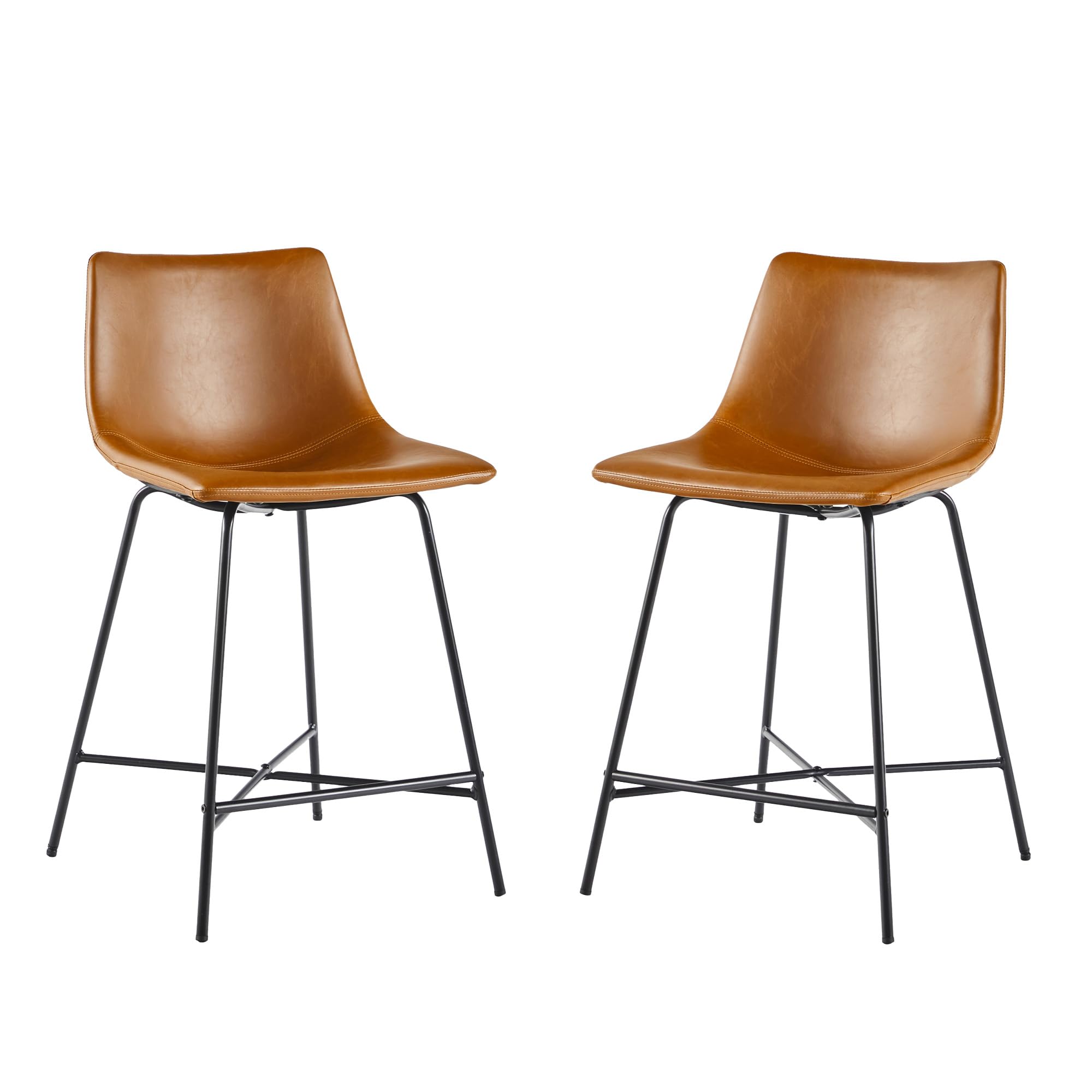 Walker Edison Xuma Modern Faux Leather Armless Low Back Counter Stool, Set of 2, Whiskey Brown Image