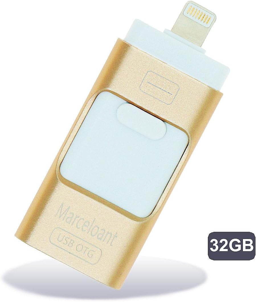 Marceloant iOS USB Flash Drives for iPhone 32GB Lightning OTG Jump Drive, 3 in 1 External Micro USB Memory Storage Pen Drive, Encrypted Flash Memory Stick for iPhone, iPad, iPod, Mac, Android (Gold)