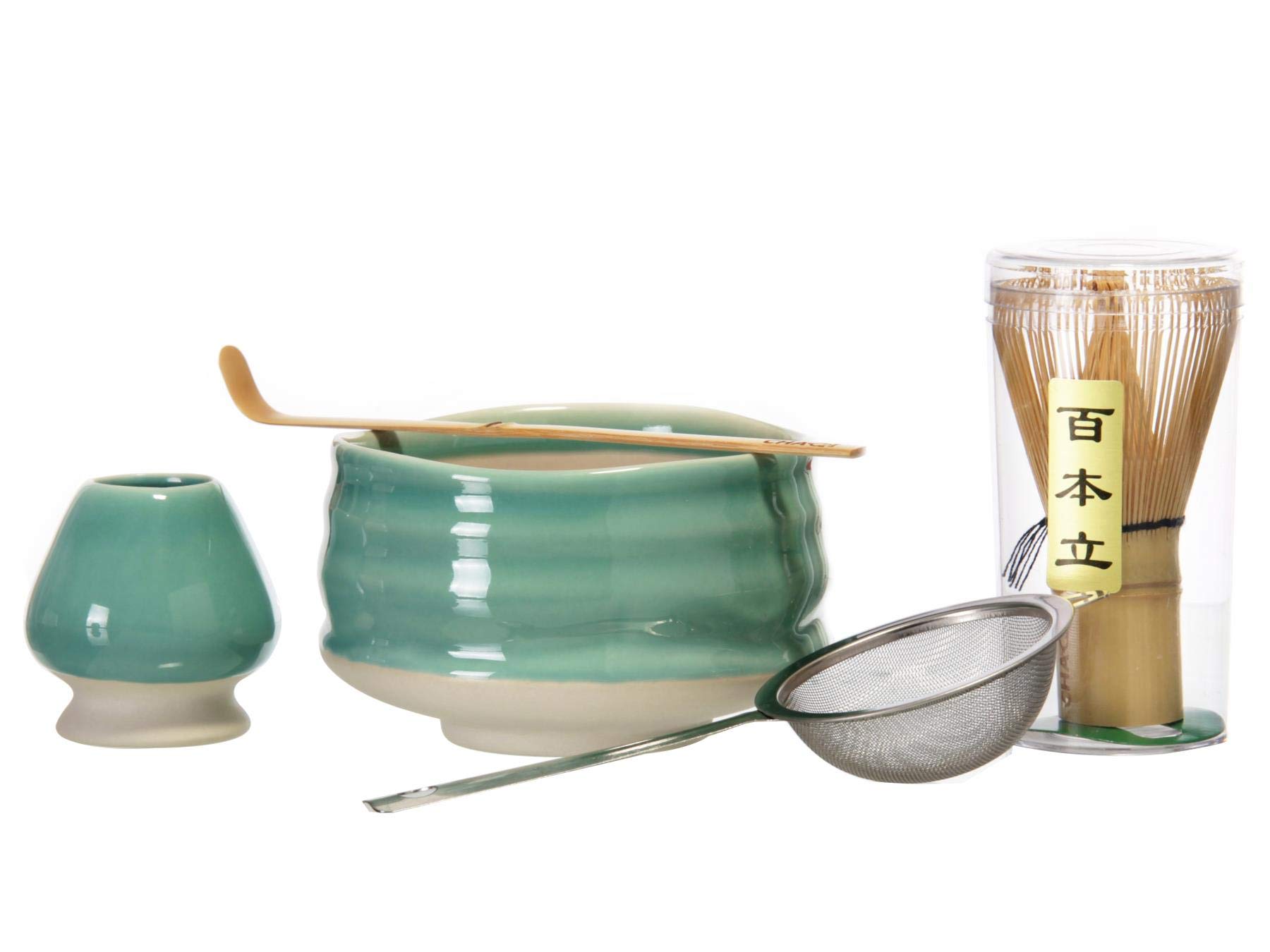 CHAQI Matcha Accessories Kit Include 5 items-100 Prongs Bamboo Whisk Chasen,Bamboo Scoop,Stainless Steel Tea Sifter and Ceramic Matcha Bowl & Whisk Holder (Cyan)