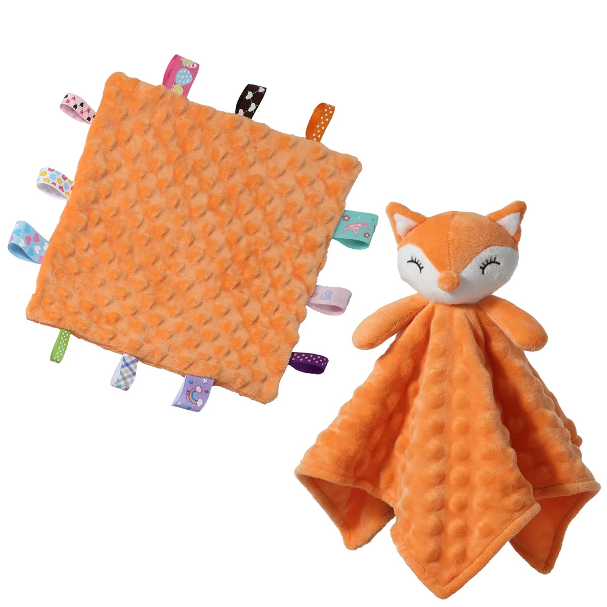 CREVENT Soft Plush Animal Face Baby Comforter Security Blankets for Boys and Girls, Great Gifts for Birthday Baby Shower (Orange Fox Lovey +24.5X24.5cm Taggies)