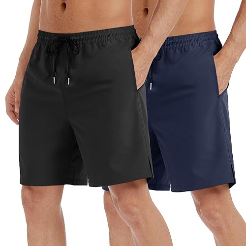 Aoyoting Men's Stretch Waist Casual Shorts-7" Quick Dry Running Athletic Shorts with Towel Loop Black+Navy Blue