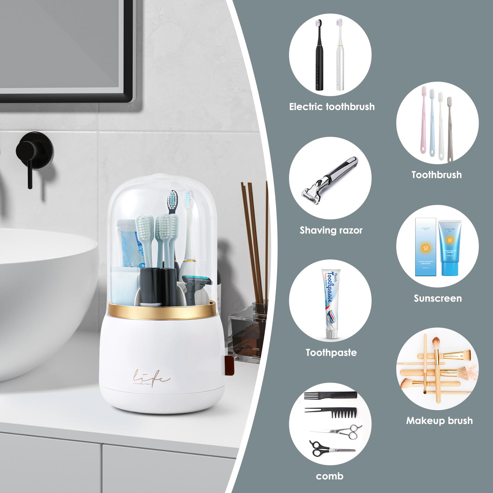 EXIN DECHEN Toothbrush Holders with Cover for Bathrooms, 360° Rotating 7-Slot Draining Water for Placing Kids Electric Toothbrushes,Toothpaste,Razors,Bathroom Counter Dresser Vanity Organizer(White)