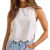 Women Boxy Crop Tops Sleeveless Side Tie Tank Top Embroidery Flower Vest Y2k Summer Going Out Aesthetci Cami Shirt
