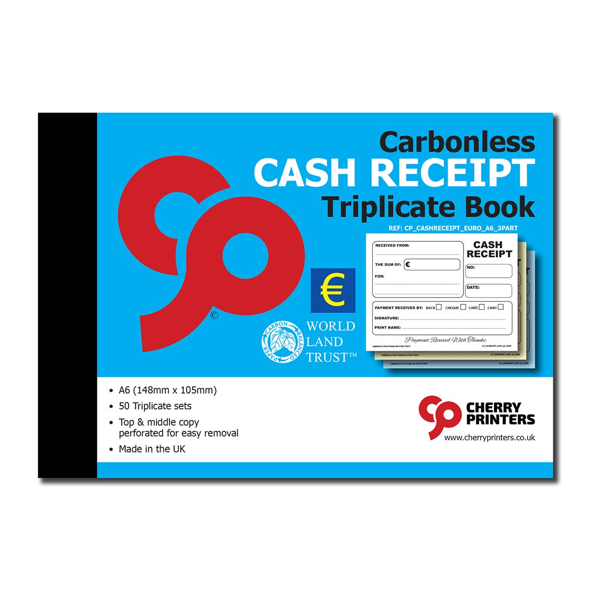Cherry Printers Carbonless NCR Euro Cash Receipt Triplicate Book A6 50 Sets