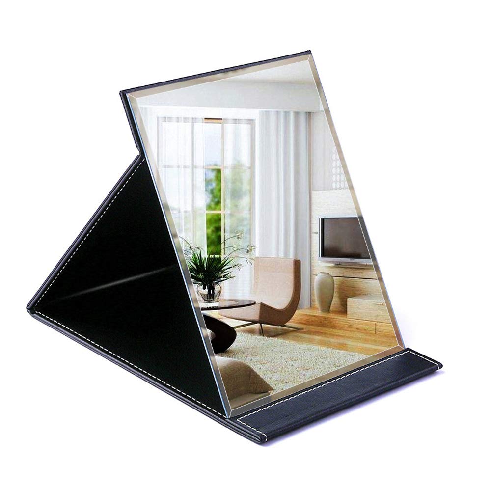 Hosoncovy PU Leather Folding Compact Travel Makeup Tabletop Mirror Desktop Vanity Mirror with Stand for Office Desk, Vanity Table, Camping (Black)