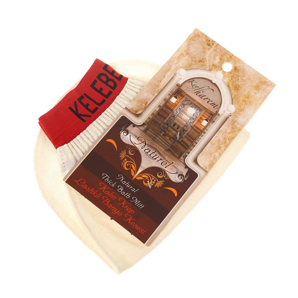 Exfoliating Gloves Mitts KESE Turkish Bath Hammam Hamam Scrub Peeling with HOW TO USE INSTRUCTIONS (Cream Thick Bath Glove Elasticated Wrist)