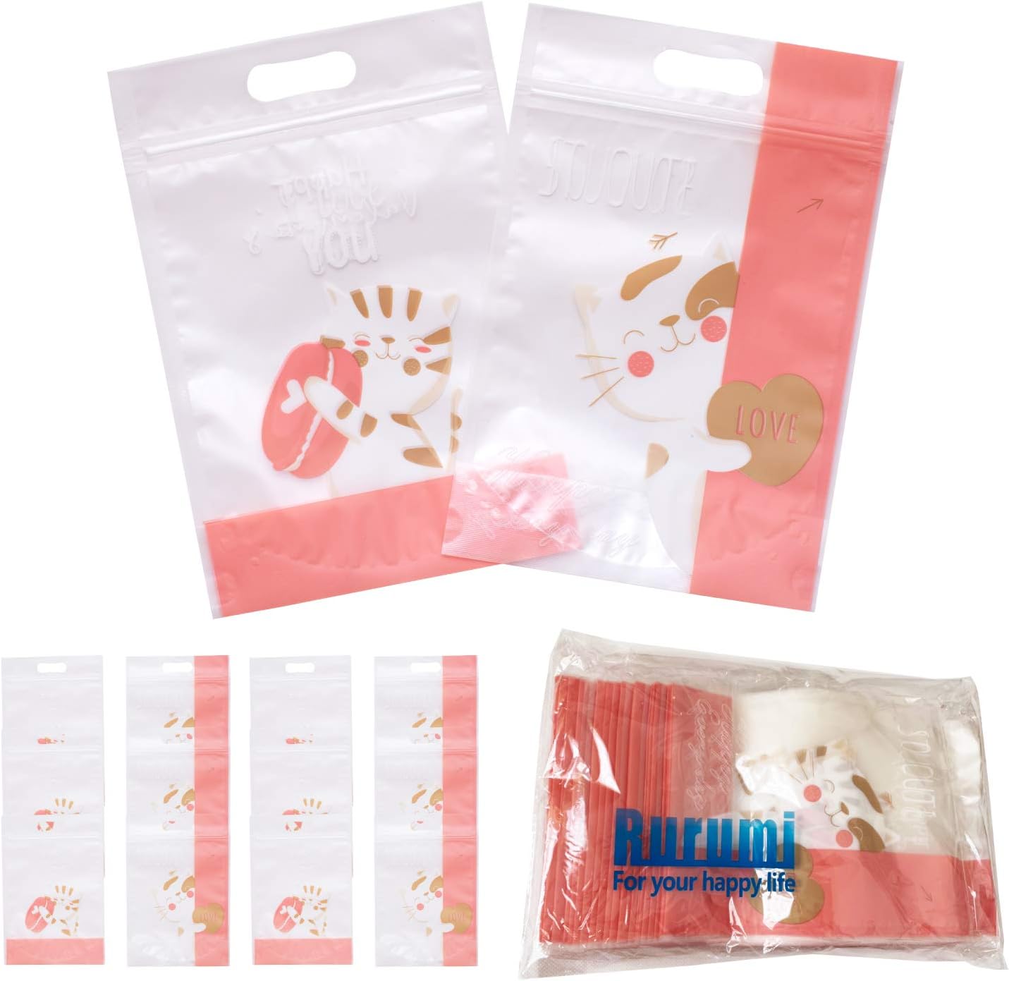Amazon Co Jp Rurumi かわいい マチ付き チャック袋 50枚 セット 自立式 底マチ 付き ジッパー 袋 猫 2種 セット ドラッグストア