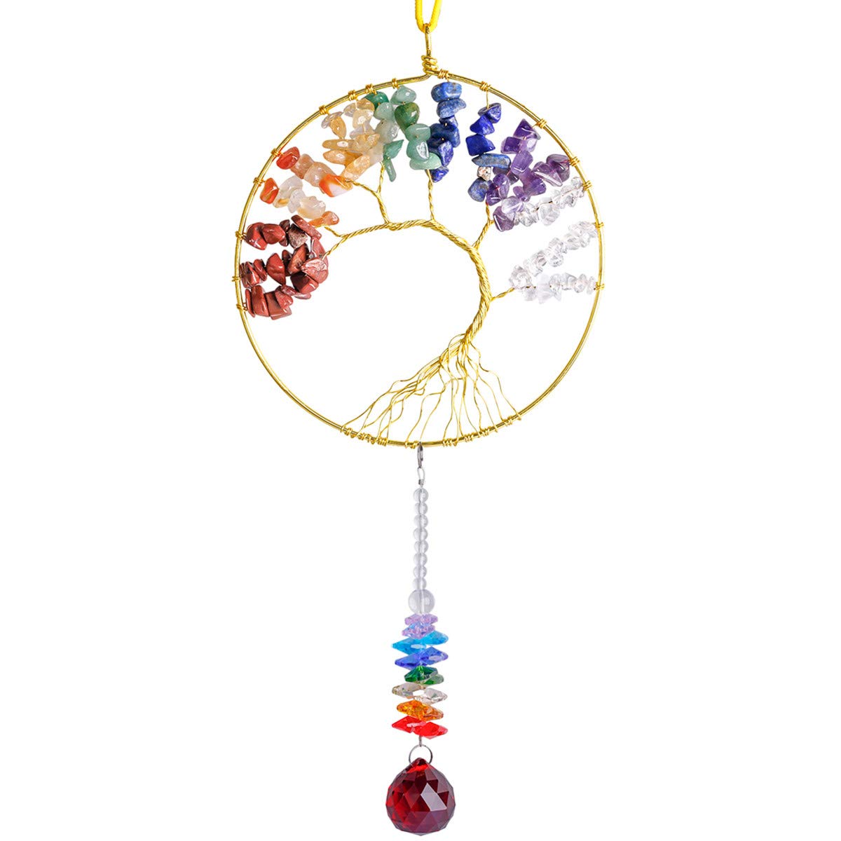 Nupuyai 7 Chakra Tree of Life Window Hanging Ornament, Crystal ball Prism Pendant Suncatcher Healing Stone Wall Art Good Luck Wedding Home Decor