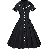 GownTown Women's 1950s Vintage Short Sleeves Notch Lapel Swing Dress