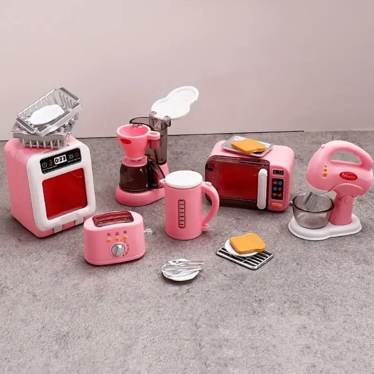 KARLOR Mini Kitchen Appliances Set, Miniature Oven Kettle Coffee Machine Microwave Toaster Mixer, Miniatur Kitchen Utensils 1:12 Mini Accessories Decoration Pink