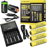 Nitecore D4 Digicharge universal home/in-car battery charger, Four Nitecore 18650 NL189 3400mAH rechargeable batteries with 2 X EdisonBright AA to D type battery spacer/converters