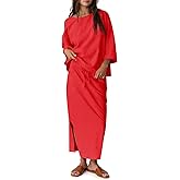 Tankaneo Womens 2 Piece Skirt Sets Oversized 3/4 Sleeve Top and Maxi Skirt Fall Matching Outfits Travel Vacation Set