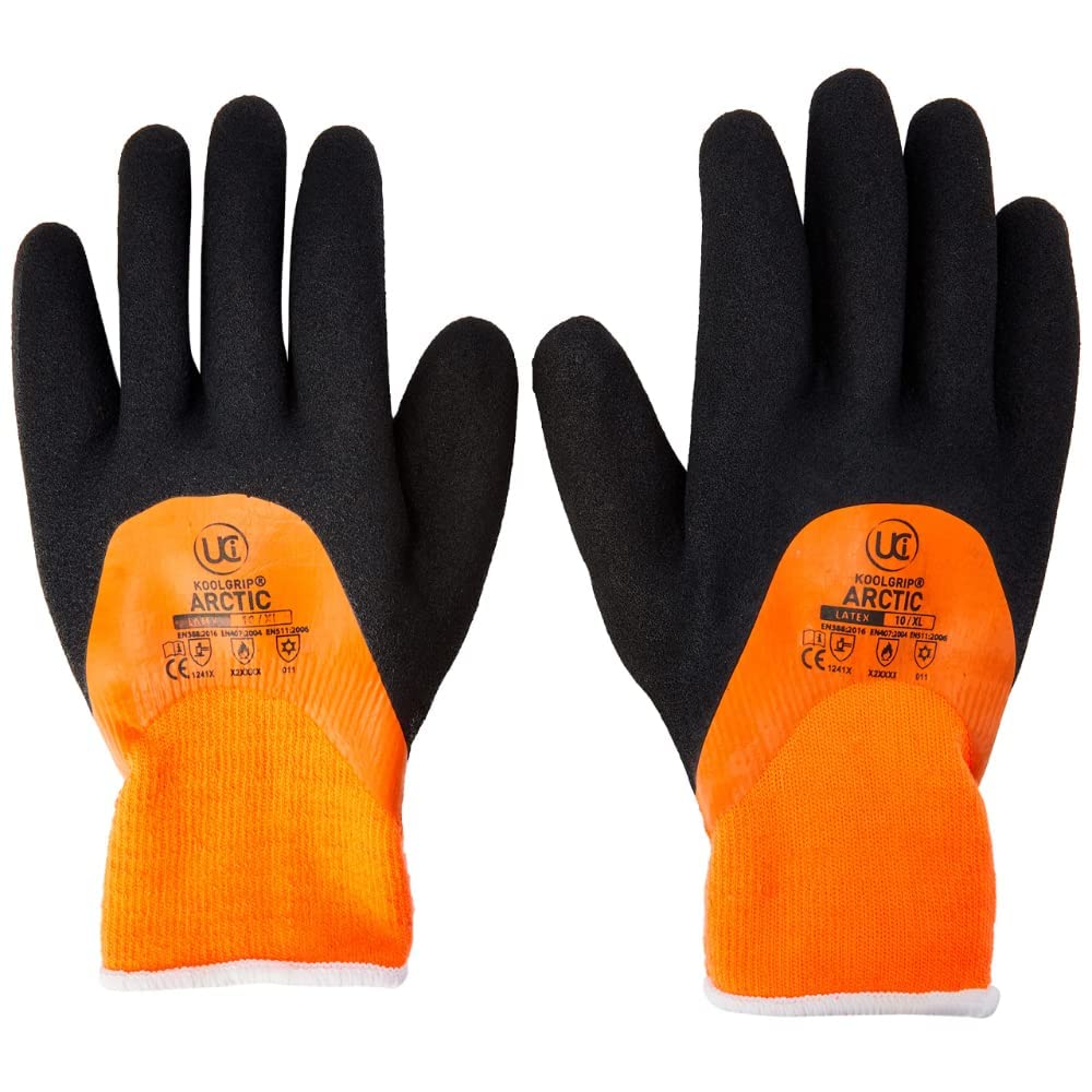 UCI KoolGrip ARCTIC Thermal Dual Latex Waterproof Grip Work Gloves ORANGE (10/XL)