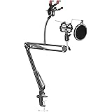 Neewer R&eacute;glable Microphone d'Enregistrement Boom Bras de Suspension Ciseaux Support avec Micro Anti-Vent Filtre Anti-Pop Masque en Forme Round, Anti Choc Montage et Support de T&eacute;l&eacute;phone, Noir