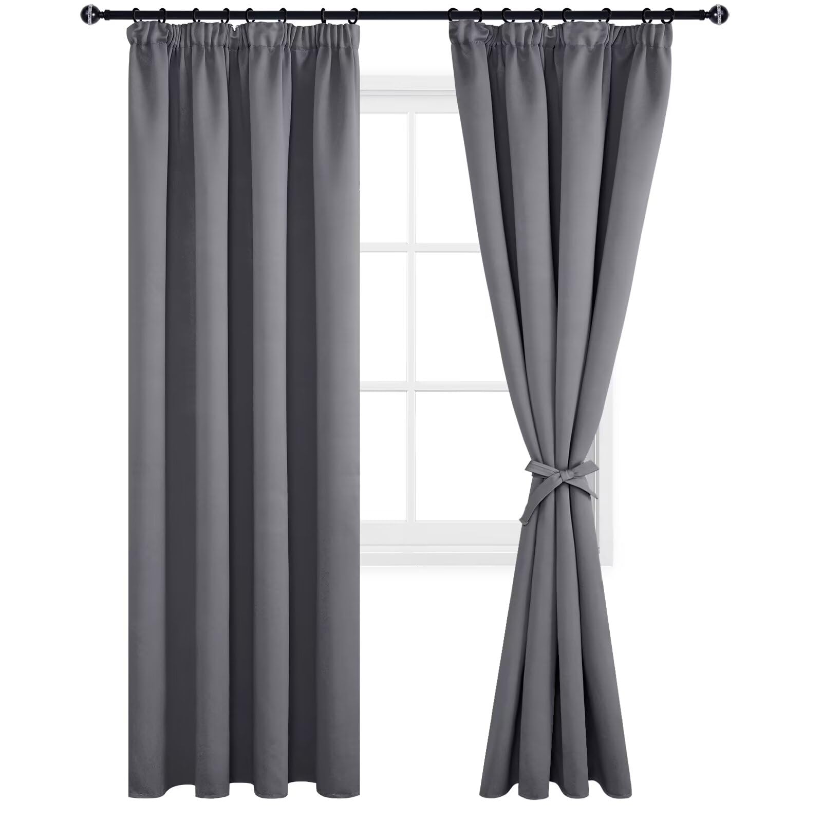 DWCN Grey Blackout Curtains for Bedroom Thermal Pencil Pleat Curtains with Hooks for Track Rail Drape for Living Room 66 x 90 inch Length, Grey, 2 Panels