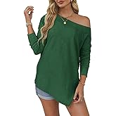 Tankaneo Womens Off The Shoulder Tops Casual Long Sleeve T Shirts Irregular Hem Split Tunics Loose Fall Blouse Shirt