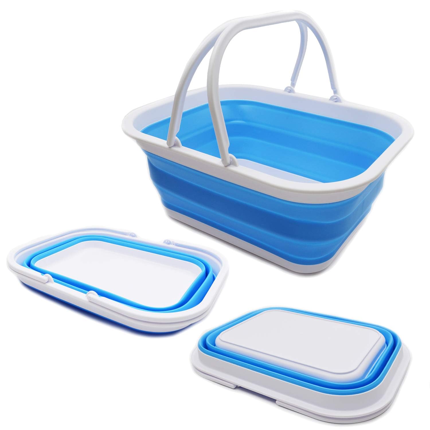 SAMMART 15.5L Collapsible Tub with Handle - Portable Outdoor Picnic Basket / Crater - Foldable Shopping Bag - Space Saving Storage Container (White/Marine Blue)